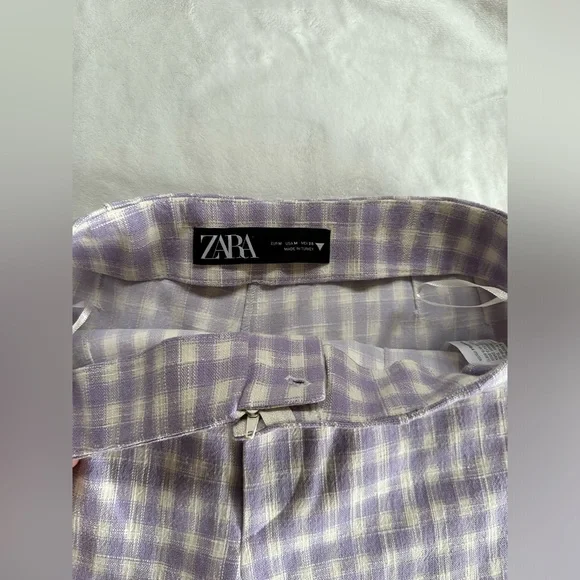 Zara Gingham Shorts Women’s Size M Lavender White Front Zip High Rise - Picture 5 of 6